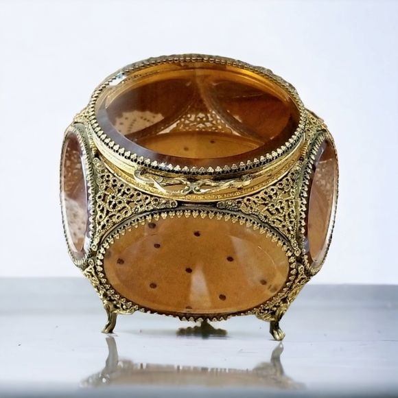 Vintage French Brass Filigree Amber Beveled Glass Ormulu Jewelry Box Casket - Picture 5 of 16